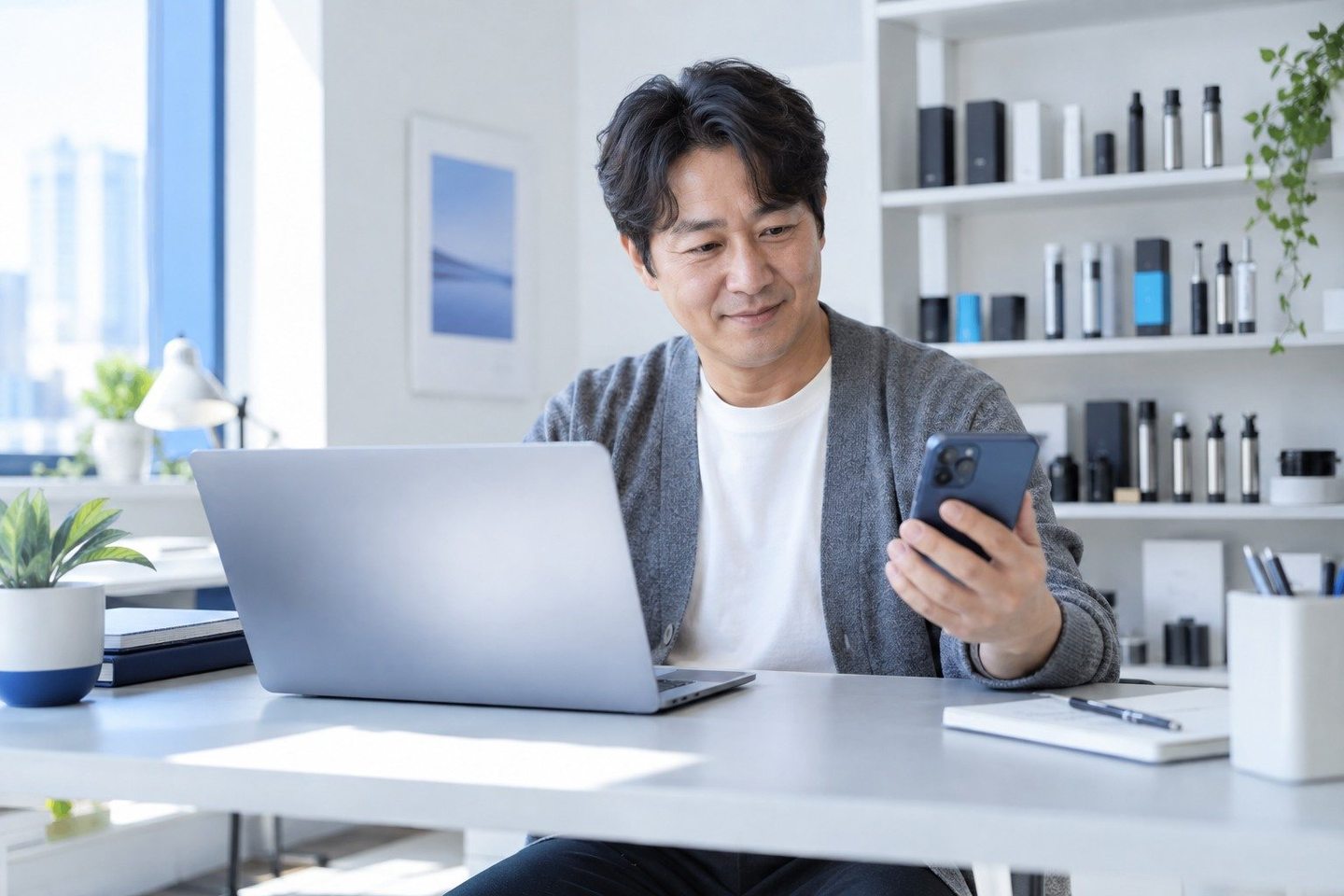 밝은 업무 공간에서 노트북을 사용하는 남성 — PG 무선 카드단말기 상담상담, 견적서 사진이면 돼요. 연락 주시면 한 표로 옮겨 빠르면 당일 개통까지 이어 드립니다.
